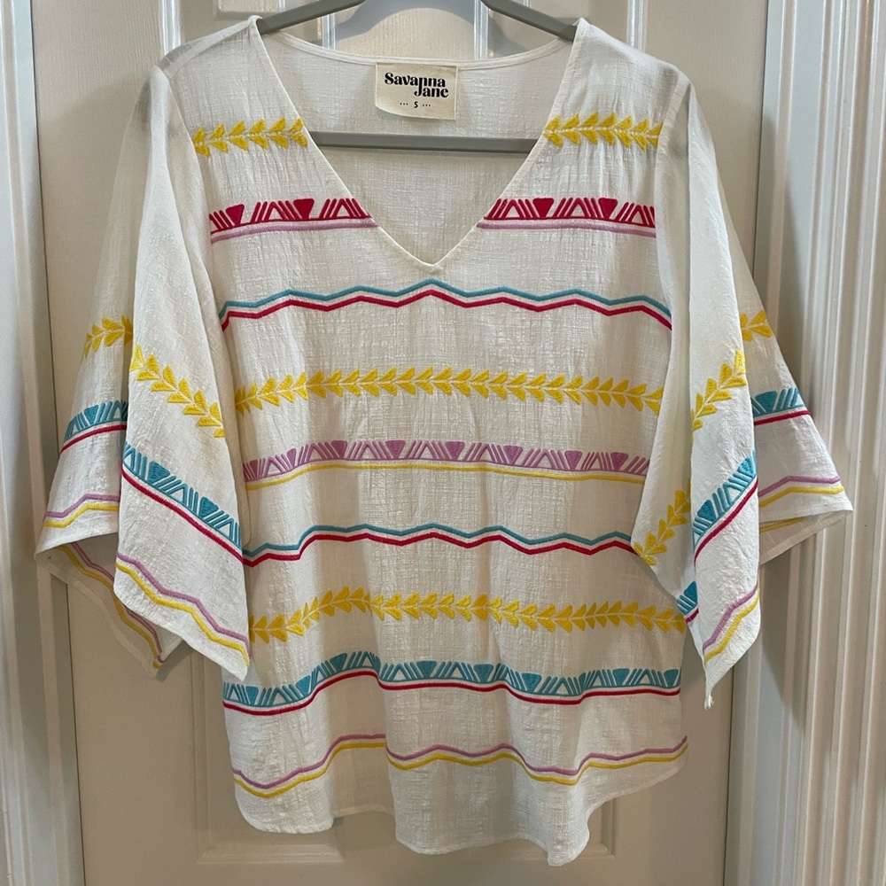 Savanna Jane White Embroidered Stripe V-Neck Tunic Top